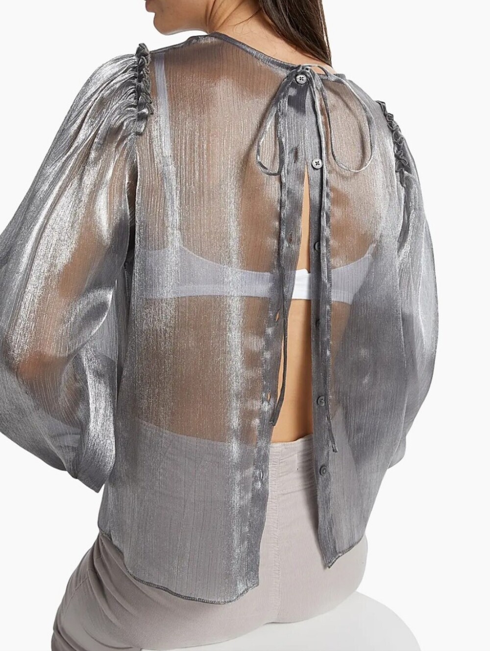 M • Free People • Freya Metallic Semi-Sheer Silver Balloon-Sleeve Blouse - Picture 6 of 7